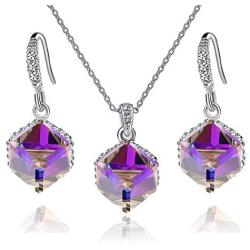 Colorful Cubic Swarovski Crystal Pendant Necklace Earrings for Women 14K Gold Plated Hypoallergenic Jewelry Set