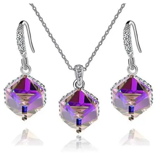 Colorful Cubic Swarovski Crystal Pendant Necklace Earrings for Women 14K Gold Plated Hypoallergenic Jewelry Set Colorful Cubic Swarovski Crystal Pendant Necklace Earrings for Women 14K Gold Plated Hypoallergenic Jewelry Set