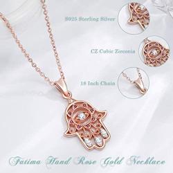 EUDORA Sterling Silver Hamsa Necklace Good Luck Vintage Fatima Hand Evil Eye Pendant, 18'' Chain (Rose Gold)