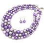 Womens Simulated Faux Three Multi-Strand Pearl Statement Necklace and Earrings Set