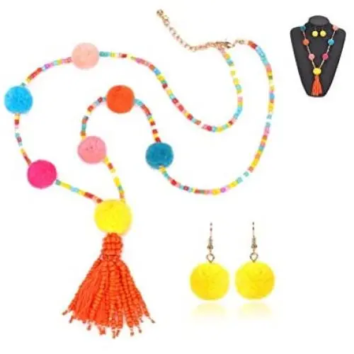 Charm Braided Womens Bohemian Jewelry Set Handmade Colorful Long Seed Beaded Bright Color Chain Pompom Tassel Necklace and Earring