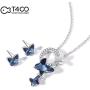 T400 Blue Butterfly Crystal Pendant Necklace and Drop Stud Earrings Jewelry Set Gift for Girls Women