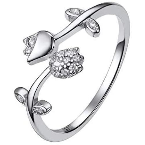 U7 Cute Ring for Women Teen Girls|3D Vivid Rose Flower End Wrap Ring Platinum Plated Adjustable Stacking Ring, Platinum Gold Rose Gold Color