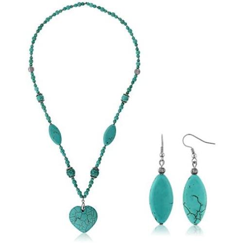Gem Stone King 24 Inch Simulated Turquoise Howlite Necklace for Women with Heart Shape Pendant and Earring Set