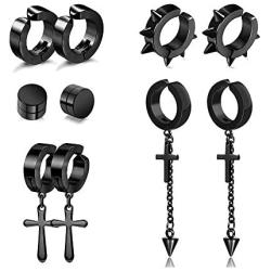 5 Pairs Black Stainless Steel Non-Piercing Spike Rivet Cross Dangle Tassel Clip on Hoop Earrings Set for Women Men Boy Girl, Non Pierced Fake Ear Clip Magnetic Stud Earrings