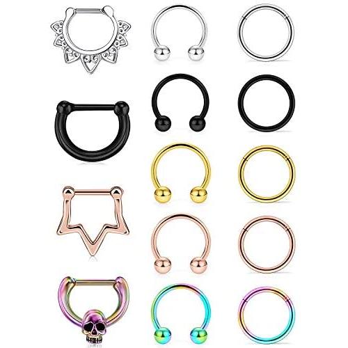 Vsnnsns 16G Septum Jewelry Septum Ring Piercing Jewelry Septum Clicker Ring and Horseshoe Barbell Stainless Steel Septum Nose Rings Hoop Piercing Jewelry for Men Women 10mm 14pcs