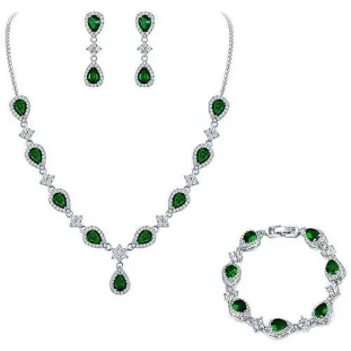 EleQueen Womens Silver-Tone Cubic Zirconia Teardrop Flower Bridal V-Necklace Sets Tennis Bracelet Dangle Earrings for Wedding Bridesmaids EleQueen Womens Silver-Tone Cubic Zirconia Teardrop Flower Bridal V-Necklace Sets Tennis Bracelet Dangle Earrings for Wedding Bridesmaids