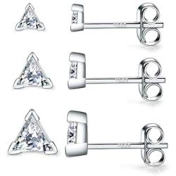 3 Pairs 925 Sterling Silver 3 Prong Triangle Geometric Cubic Zirconia Stud Earrings Set | Small Cartilage CZ Hypoallergenic Tragus Piercing Earrings for Women Men Girls Kids 2mm 3mm 4mm