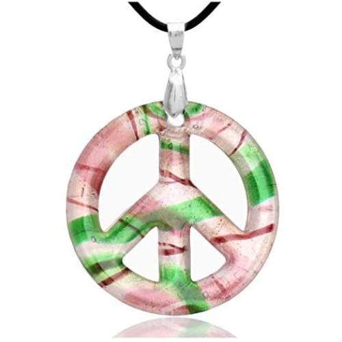Murano Inspired Dichroic Glass Peace Sign Pendant by BESHEEK │ Hand Blown Artisan Green and Purple Lampwork - Hypoallergenic Italian Style Pendant Necklace