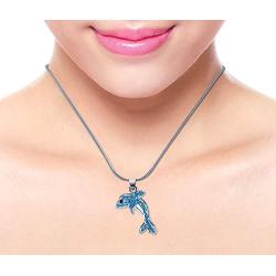 Puzzled Blue Dolphin Necklace, 18 Inch Fashionable & Elegant Silver Chain Jewelry with Rhinestone Studded Pendant for Casual Formal Attire Ocean Marine Life Themed Unisex Fashion Neck Accessory