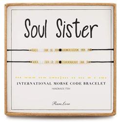 RareLove 2 Pieces Soul Sister Morse Code Bracelet Inspirational Friendship Gift for 2 Best Friends Women Girls White Golden Black Tiny Pony Seed Beads Black String Bracelets