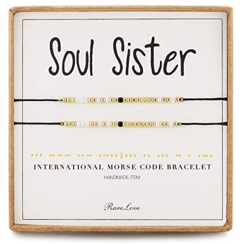 RareLove 2 Pieces Soul Sister Morse Code Bracelet Inspirational Friendship Gift for 2 Best Friends Women Girls White Golden Black Tiny Pony Seed Beads Black String Bracelets