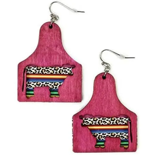 Wood Cow Tag Earrings with Serape and Leopard Prints