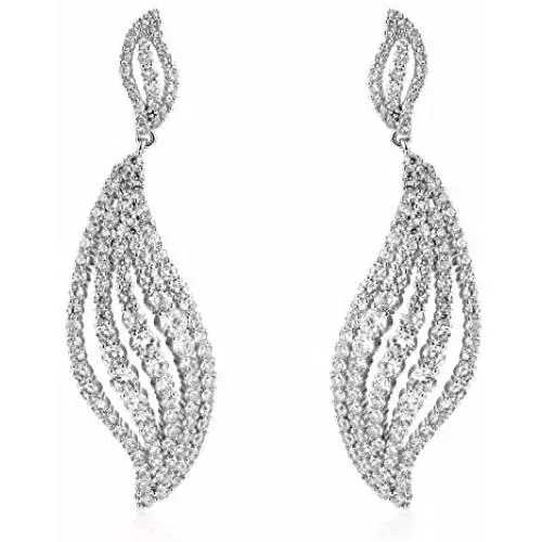 Delicin Jewelry Womens Dangling Leaf-Shaped Drop Earrings,Rhodium Plated Cubic Zirconia Dangle Earrings for Women