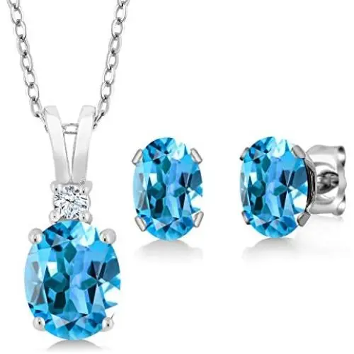 Gem Stone King Sterling Silver Swiss Blue Topaz Pendant Earrings Set (3.15 cttw, With 18 Inch Silver Chain)