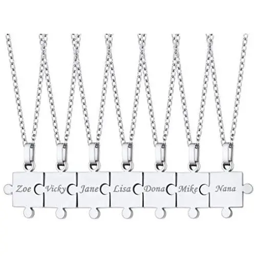 U7 Free Engraving Puzzle Necklace Set of 2/3/4/5/6/7/8 Piece Pendant with Rolo Cable Chain 22'' Personalized BFF/Family/Team Member/Classmates Names Jewelry Sets