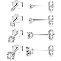 Silver Stud Earrings for Women Men Girls 4 Pairs of Hypoallergenic Small White Gold Plated Cubic Zirconia Cartilage Earrings Jewelry Sets (2mm/3mm/4mm/5mm)