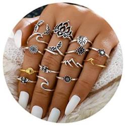 7-15pcs Silver Wave Star Moon Cute Knuckle Ring Sets for Women Teen Girls Vintage Boho Stackable Finger Toe Rings Pack