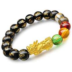 Angushiny 10mm Multi-Colored Crystal Bead Lucky Bracelets Feng Shui Black Obsidian Wealth Bracelet Pixiu Black Mantra Bead Protection Bracelet for Women