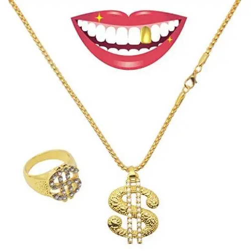 Set of 80s Gold Plated Necklace, Finger Ring and Gold Teeth with Dollar Sign Pendant, Hip Hop Dollar Necklace, Finger Ring and Gold Teeth Set of 80s Gold Plated Necklace, Finger Ring and Gold Teeth with Dollar Sign Pendant, Hip Hop Dollar Necklace, Finger Ring and Gold Teeth