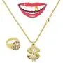Set of 80s Gold Plated Necklace, Finger Ring and Gold Teeth with Dollar Sign Pendant, Hip Hop Dollar Necklace, Finger Ring and Gold Teeth Set of 80s Gold Plated Necklace, Finger Ring and Gold Teeth with Dollar Sign Pendant, Hip Hop Dollar Necklace, Finger Ring and Gold Teeth
