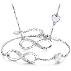 CDE 925 Sterling Silver Necklace Bracelet One Sets Infinity Heart Symbol Charm Endless Love Women Pendant Embellished with Crystal Christmas Jewelry Gift Birthday Gift for Mom Women Wife Girls Her