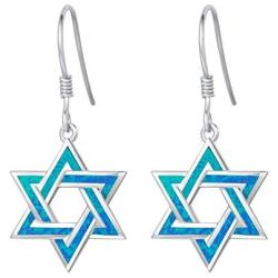 FANCIME Hanukkah Sterling Silver Created Blue Opal Star Necklace/Dangle Earrings/Bracelet Charm Danity October Birthstone Fine Jewelry for Women