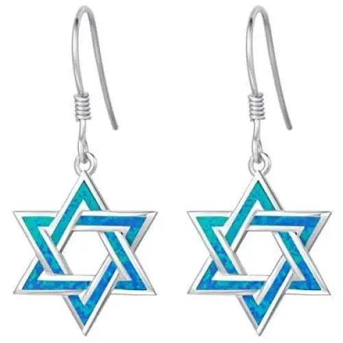 FANCIME Hanukkah Sterling Silver Created Blue Opal Star Necklace/Dangle Earrings/Bracelet Charm Danity October Birthstone Fine Jewelry for Women