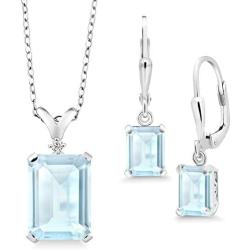 Gem Stone King 925 Sterling Silver Sky Blue Topaz and Diamond Pendant Earrings Set, 13.37 Cttw Emerald Cut, Gemstone Birthstone with 18 Inch Silver Chain
