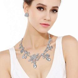EVER FAITH Rhinestone Crystal Gorgeous Red Rose Flower Green Leaf Necklace Earrings Set