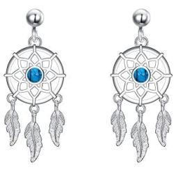 EVER FAITH Womens 925 Sterling Silver Turquoise Good Luck Charm Hope Dream Catcher Feather Dangle Earrings