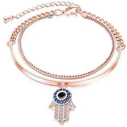Fashion Ahead Womens Multi-Layers Link Charms Bracelet CZ Crystal Filled Love Key Butterfly Hamsa Hand Evil Eye Pendant Charms Rose Gold Chain Adjustable Bracelet