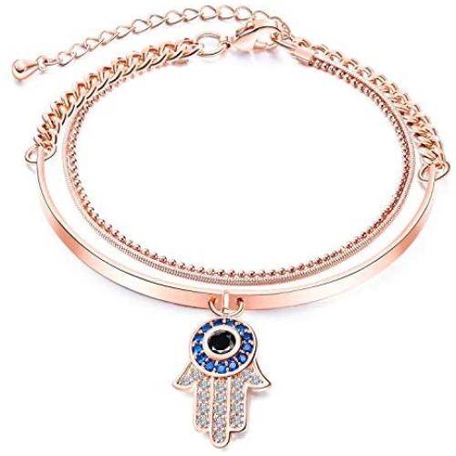 Fashion Ahead Womens Multi-Layers Link Charms Bracelet CZ Crystal Filled Love Key Butterfly Hamsa Hand Evil Eye Pendant Charms Rose Gold Chain Adjustable Bracelet