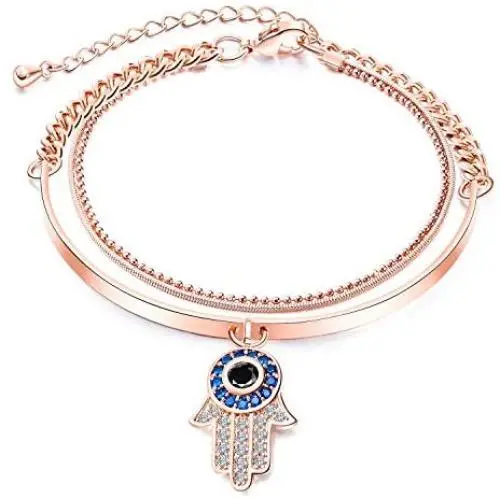 Fashion Ahead Womens Multi-Layers Link Charms Bracelet CZ Crystal Filled Love Key Butterfly Hamsa Hand Evil Eye Pendant Charms Rose Gold Chain Adjustable Bracelet