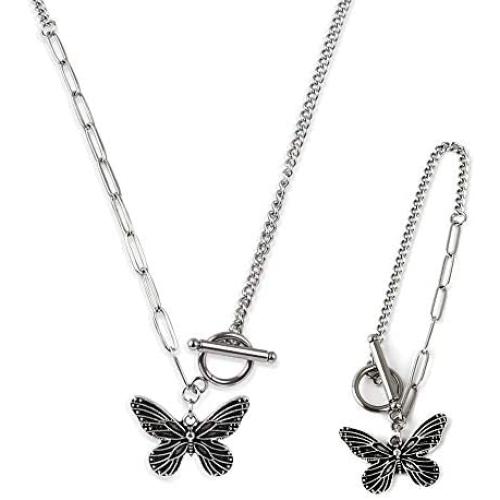 yansport Butterfly Pendant Necklace Bracelet Set, 2PC Vintage Couple Necklace Bracelet, Fashion Butterfly Chain Necklace Bracelet for Women Girls