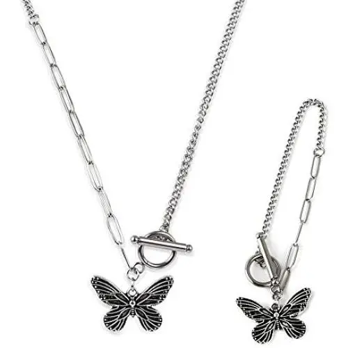 yansport Butterfly Pendant Necklace Bracelet Set, 2PC Vintage Couple Necklace Bracelet, Fashion Butterfly Chain Necklace Bracelet for Women Girls yansport Butterfly Pendant Necklace Bracelet Set, 2PC Vintage Couple Necklace Bracelet, Fashion Butterfly Chain Necklace Bracelet for Women Girls