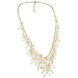 AeraVida Waterfall of Cultured Freshwater White Pearl-Fashion Crystal on Gold Silk Thread Collar Necklace