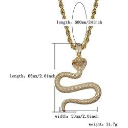 JINAO Hip Hop Iced Out Cobra Snake Animal Lovers Pendant Necklace Micropave Simulated Diamond Jewelry with Solid Back