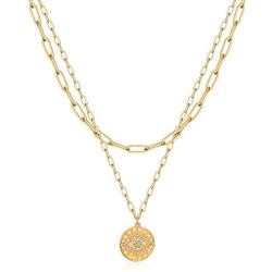 Turandoss Gold Necklaces for Women - 14K Gold Plated Lock Evil Eye Medallion Vintage Coin Necklace Bee Sun Moon Shell Gold Chain Necklace Layered Paperclip Chain Necklaces for Women Jewelry Gifts