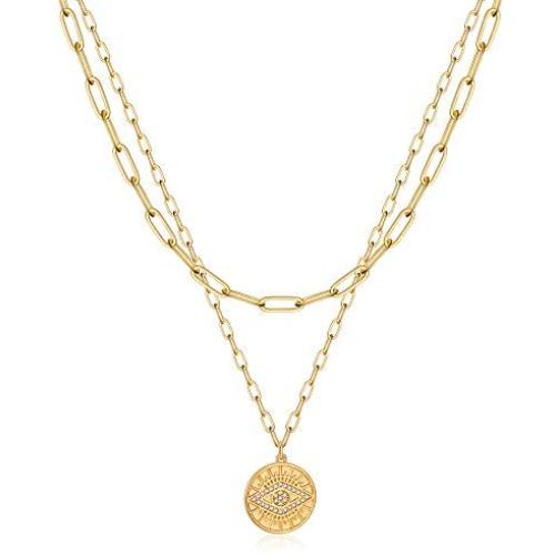 Turandoss Gold Necklaces for Women - 14K Gold Plated Lock Evil Eye Medallion Vintage Coin Necklace Bee Sun Moon Shell Gold Chain Necklace Layered Paperclip Chain Necklaces for Women Jewelry Gifts