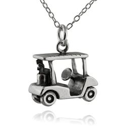 Sterling Silver 3D Golf Cart Charm Necklace, 18'' Cable Chain