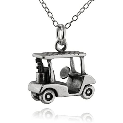 Sterling Silver 3D Golf Cart Charm Necklace, 18'' Cable Chain