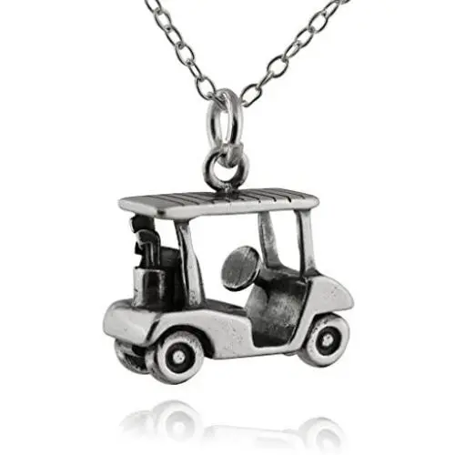 Sterling Silver 3D Golf Cart Charm Necklace, 18'' Cable Chain