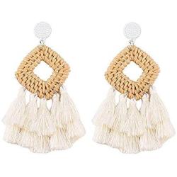 Sunmoon Bohemian Rattan Tassel Earrings for Women Lightweight Boho Jewelry Handmade Weaving Geometric Long Drop Dangle Statement Earrings