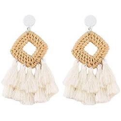 Sunmoon Bohemian Rattan Tassel Earrings for Women Lightweight Boho Jewelry Handmade Weaving Geometric Long Drop Dangle Statement Earrings