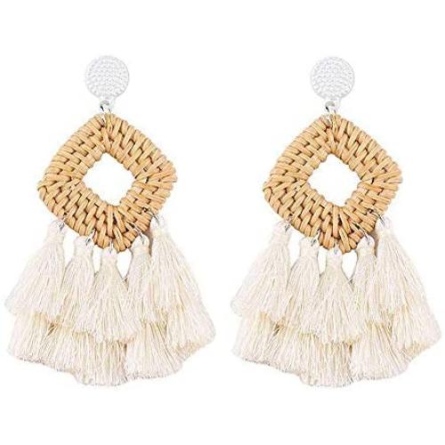 Sunmoon Bohemian Rattan Tassel Earrings for Women Lightweight Boho Jewelry Handmade Weaving Geometric Long Drop Dangle Statement Earrings
