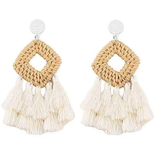 Sunmoon Bohemian Rattan Tassel Earrings for Women Lightweight Boho Jewelry Handmade Weaving Geometric Long Drop Dangle Statement Earrings Sunmoon Bohemian Rattan Tassel Earrings for Women Lightweight Boho Jewelry Handmade Weaving Geometric Long Drop Dangle Statement Earrings