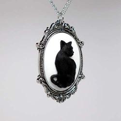 Black Cat Cameo in Antique Silver Finish Pewter Frame Pendant Necklace