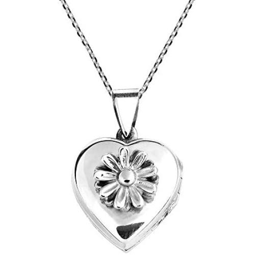 AeraVida Daisy in Full Bloom Heart Pendant Locket .925 Sterling Silver Cable Necklace