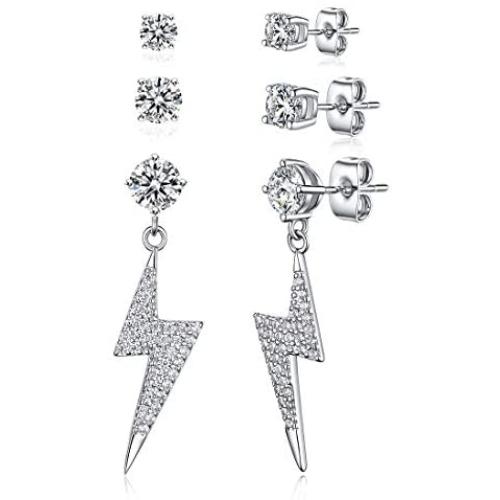 3 Pairs Small Lightning Bolt Dangle Earring Sets-White Gold Plated Round Cubic Zirconia Stud Earrings Hypoallergenic Jewelry for Women
